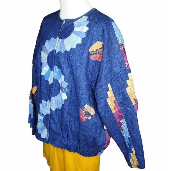 Artisan Jacket Coat 'Women's Blue Yellow Patchwork Zip Lined Handcrafted Plus 4X - Picture 6 of 12